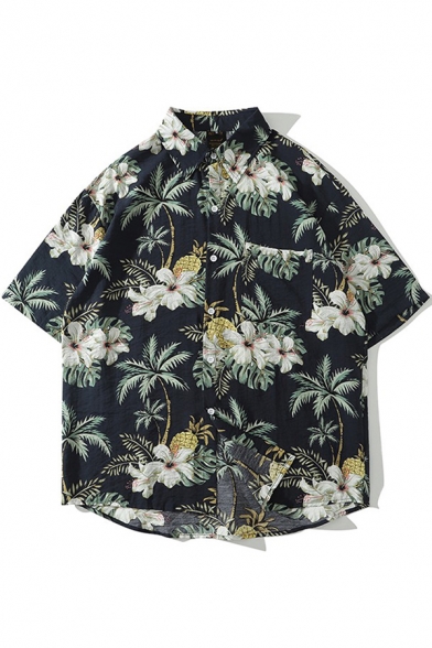 Men Casual Shirt Floral Pattern Button Closure Turn-down Collar Short Sleeves Loose Fitted Shirt