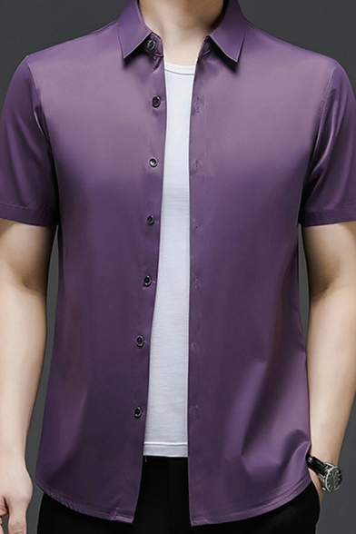Men Dress Shirt Solid Color Turn-down Collar Button Closure Short-Sleeved Slim Fit Shirt