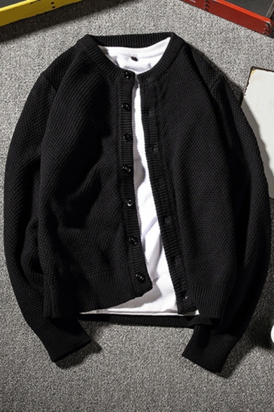 Men Modern Cardigan Knitted Long Sleeve Crew Neck Button Closure Relaxed Fit Cardigan in Black