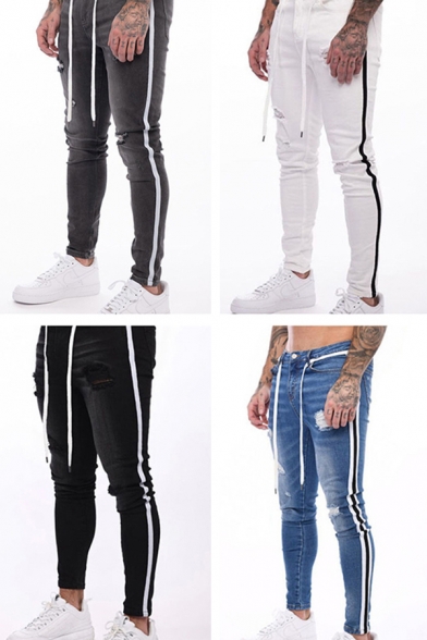 Men Modern Jeans Stripe Print Zip Closure Stretch Denim Two-Pocket Styling Slim Fit Jeans