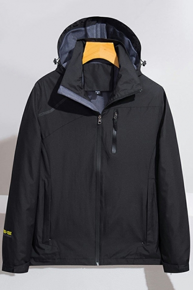 Men Popular Jacket Solid Color Zip Closure Long Sleeve Waterproof Zip Pockets Hooded Jacket