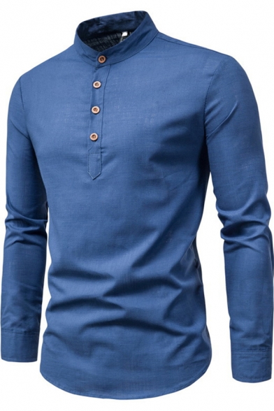 Men‘s Basic Shirt Solid Color Long Sleeve Stand Collar Button Up Slim Shirt Top