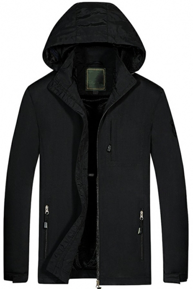 Men Stylish Jacket Pure Color Armband Embellished Zipper Closure Long Sleeves Fit Hooded Jacket