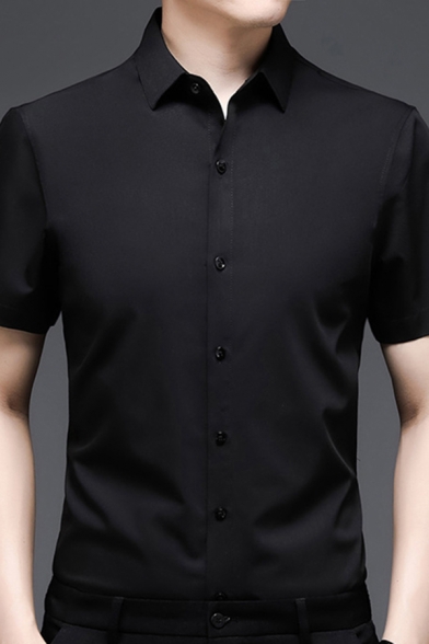 Mens Basic Shirt Silky Solid Color Button Closure Short-Sleeved Fitted Lapel Shirt