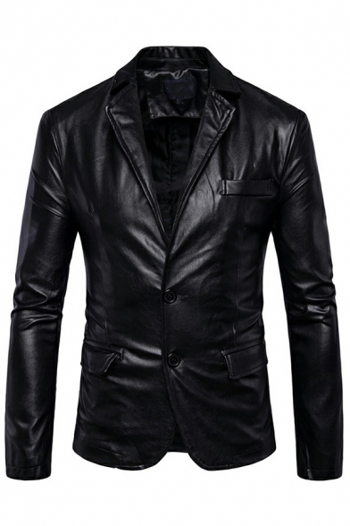 Mens Elegant Jacket Solid Color Pocket Detail Notched Collar Long Sleeve Fit PU Jacket
