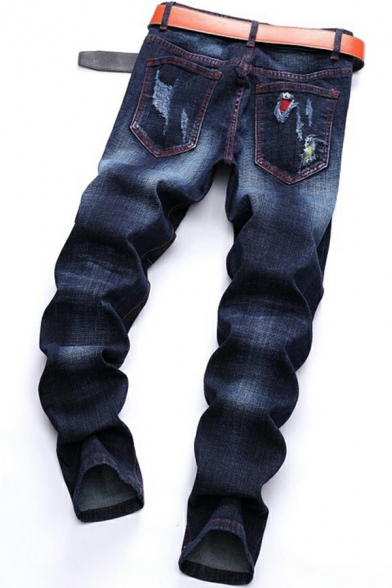 Mens Jeans Stylish Dark Wash Distressed Zipper Fly Long Length Mid Waist Slim Fit Jeans