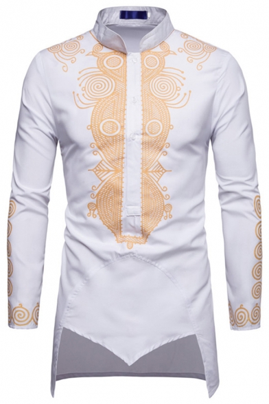 Mens Retro Shirt Tribal Printed Button Closure Stand Collar Long Sleeve Regular Fit Shirt