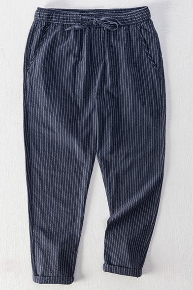 Mens Trendy Pants Stripe Printed Drawstring Waist Ankle Length Loose Cargo Pants
