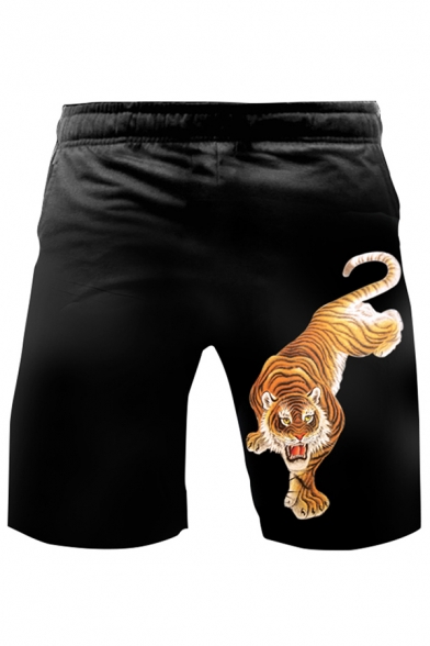 Mens Trendy Shorts Tiger Pattern Pocket Detailed Elastic Waist Slim Mini Shorts