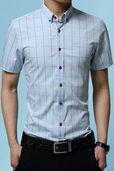 Modern Mens Shirt Plaid Printed Button Down Collar Short Sleeve Slim Fitted Shirt Top