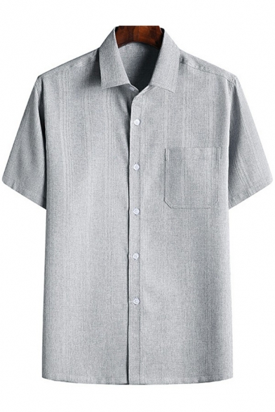 Simple Men's Shirt Stripe Printed Chest Pocket Short Sleeves Turn Down Collar Button-down Loose Shirt
