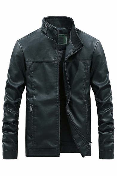Simple PU Jacket Solid Color Zip Front Pockets Detail Stand Collar Long Sleeve Fitted PU Coat for Guys