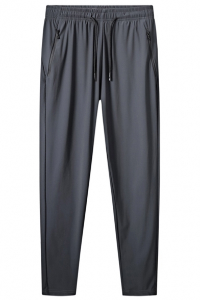 Simple Sporty Pants Plain Elastic Waist Mid-Rise Zip Pocket Full Length Skinny Pants for Men