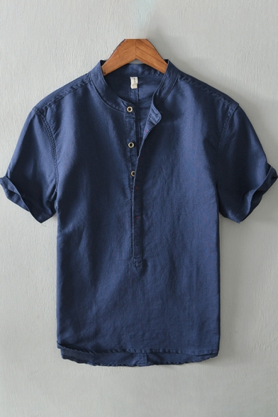 Solid Color Man's Shirt Button-down Modern Short Sleeve Collarless Regular Fitted Shirt