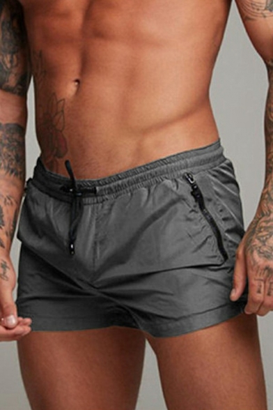 Sporty Shorts Pure Color Drawstring Waist Mid Rise Slim Fitted Mini Shorts for Men