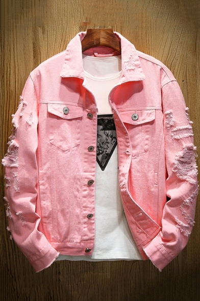Street Style Jacket Solid Color Button-down Long Sleeve Spread Collar Fitted Ripped Denim Jacket for Men