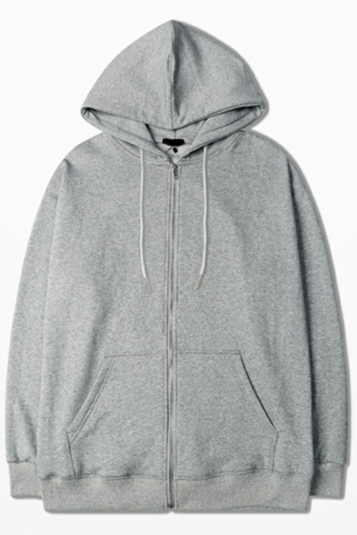 Stylish Guys Hoodie Plain Long-Sleeved Front Pocket Drawstring Zipper Closure Relaxed Hoodie