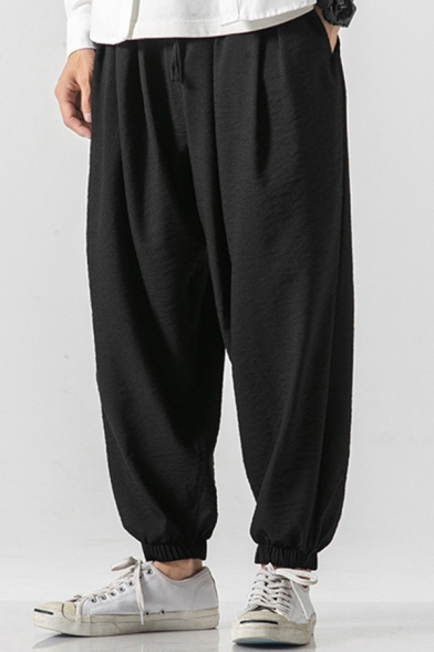 Stylish Harem Pants Plain Pocket Decorated Drawstrings Loose Pants for Men