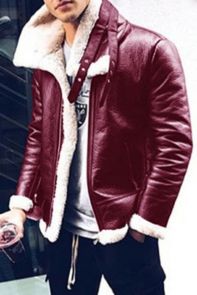 Stylish Jacket Solid Color Sherpa Liner Long Sleeve Stand Collar Fitted Leather Jacket for Men