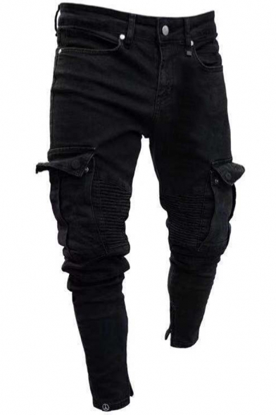 Trendy Black Jeans Pure Color Zip-Fly Stretch Denim Two-Pocket Styling Slim Fitted Jeans for Men