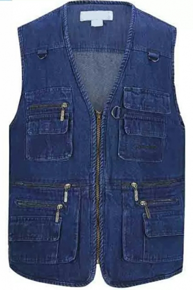 Trendy Denim Vest Pure Color Zipper Closure Pockets Detail V-Neck Loose Vest for Men