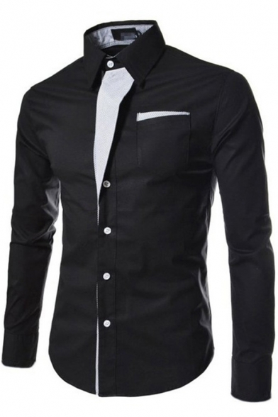 Trendy Men's Shirt Contrast Panel Button-up Turn-down Collar Long Sleeve Slim Fitted Shirt