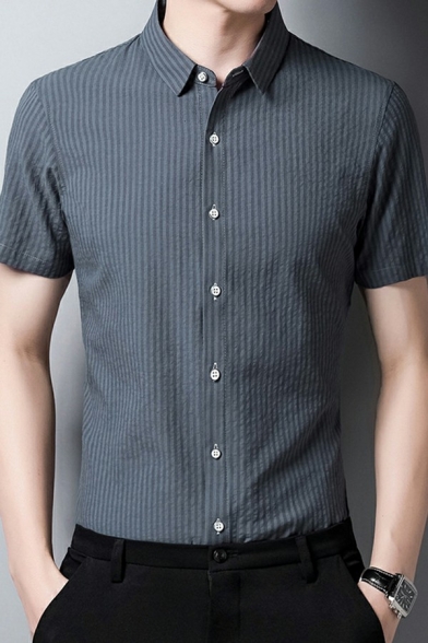 Trendy Men's Shirt Stripe Pattern Short Sleeve Turn Down Collar Button-down Slim Shirt