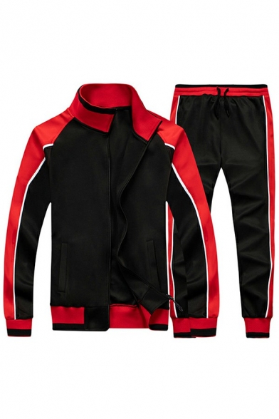 Trendy Set Contrast Color Patchwork Long Sleeves Zip-up Sweatshirt & Pants Fit Co-ords for Guys