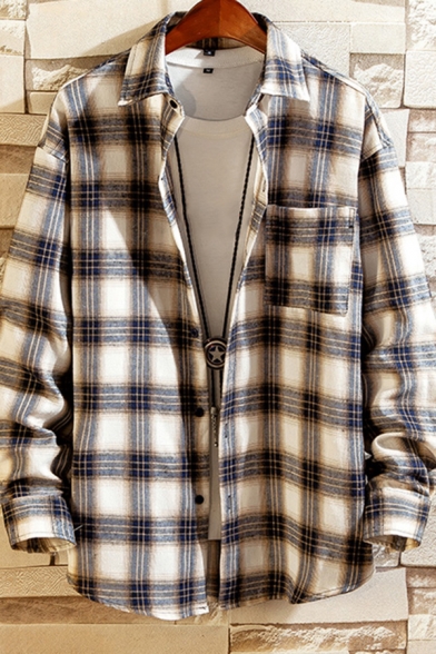 Trendy Shirt Plaid Pattern Chest Pocket Long Sleeves Turn-down Collar Button Closure Loose Fit Shirt Top