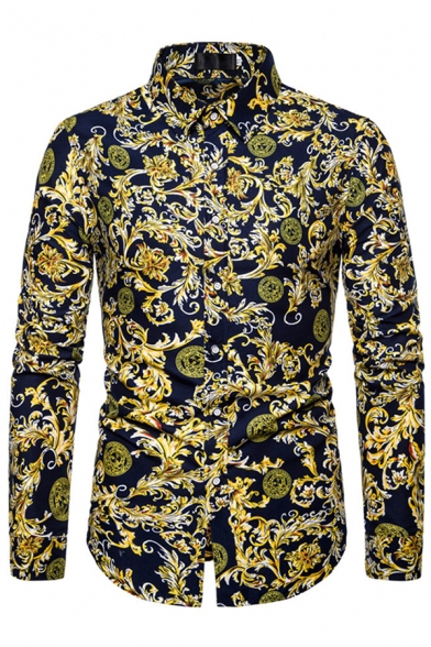 Unique Shirt Floral Patterned Button Detailed Long Sleeves Point Collar Slim Shirt for Men