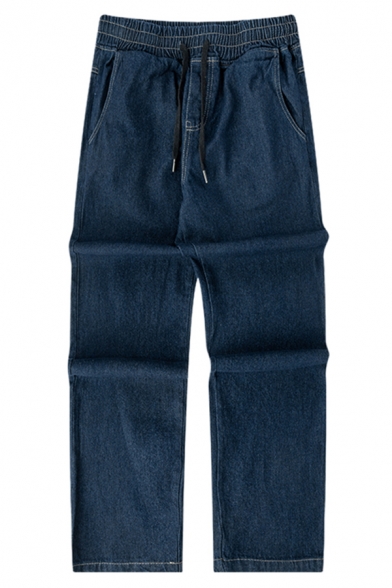 Vintage Men's Jeans Solid Color Drawstring Waist Long Length Straight Jeans
