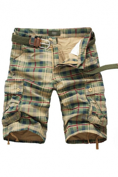 Vintage Shorts Plaid Printed Flap Pocket Zip-Fly Mid Rise Fitted Cargo Shorts for Men