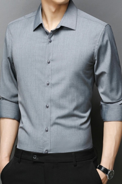 Basic Men's Shirt Pure Color Long Sleeves Button-down Slim Lapel Shirt