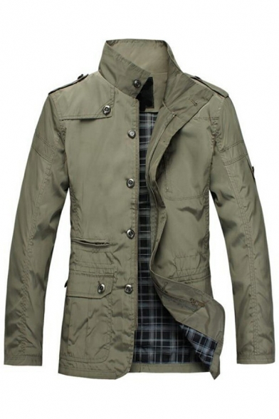 Basic Mens Jacket Solid Color Plaid-Lined Stand Collar Single Breasted Zipper Fly Long Sleeve Slim Jacket