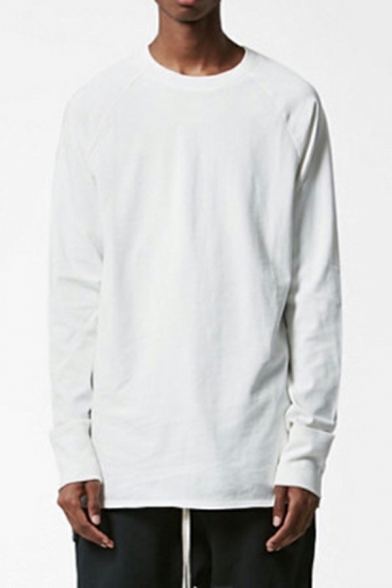Basic Sweatshirt Plain Side Slit Design Crew Neck Long Sleeve Regular Fit Pullover Sweatshirt for Men