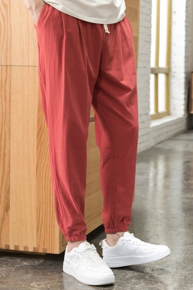 Casual Pants Plain Drawstring Waist Mid-Rise Ankle Length Tapered Pants for Men