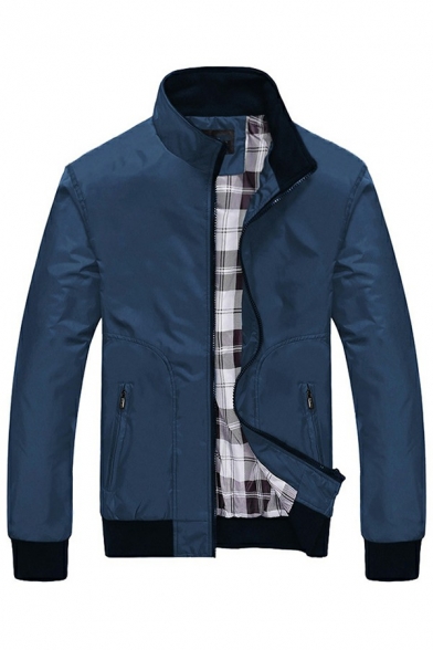 Chic Mens Jacket Solid Color Plaid-Lined Stand Collar Zipper Fly Long Sleeve Slim Jacket Coat