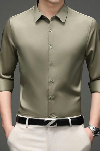 Dashing Button Shirt Pure Color Long-Sleeved Turn Down Collar Slim Shirt for Men