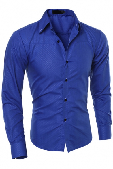 Dashing Men's Shirt Plain Long Sleeve Turn Down Collar Button-up Fitted Shirt