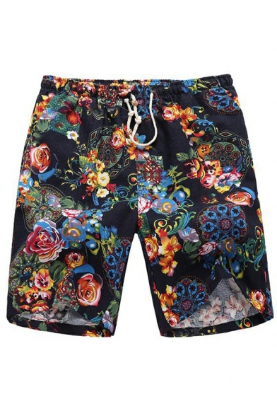 Fancy Men's Shorts Floral Print Drawstring Waist Over The Knee Pocket Detail Regular Fitted Shorts