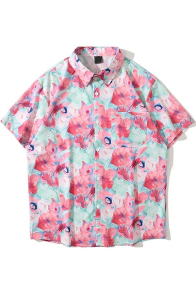 Fancy Pink-Blue Shirt Flower All Over Printed Short Sleeve Button-down Lapel Relaxed Fit Shirt for Men