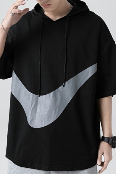 Fashionable Men's Hoodie Color Block Half Sleeve Loose Fitted Drawstring Hooded Sweatshirt