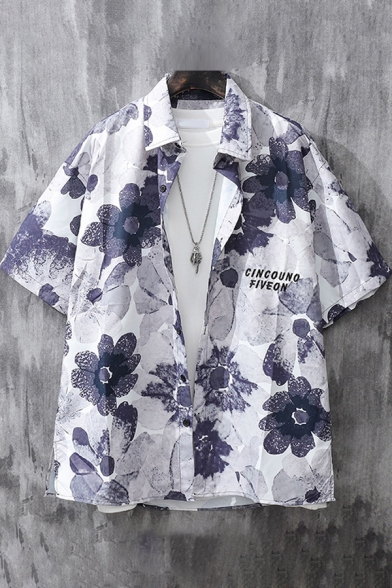 Fashionable Shirt Floral Pattern Half Sleeve Turn Down Collar Button Up Loose Shirt for Men