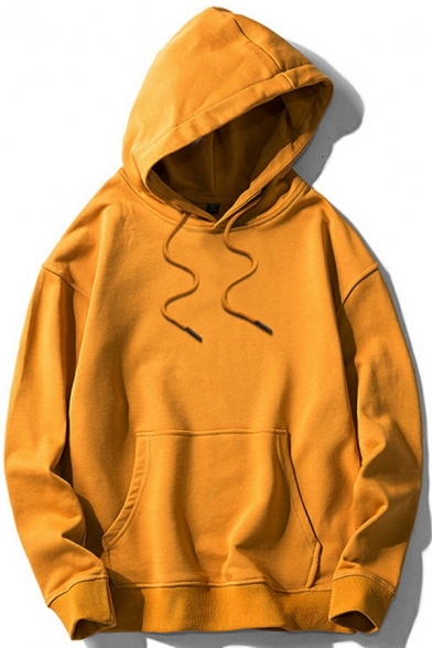Guys Popular Hoodie Solid Color Drawstring Kangaroo Pocket Long Sleeve Loose Fit Hoodie