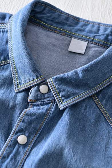Leisure Denim Shirt Flap Pockets Long-Sleeved Turn Down Collar Button-down Loose Shirt for Men