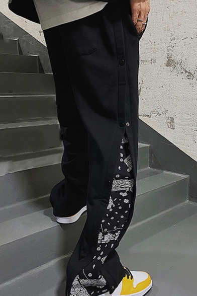 Leisure Mens Pants Patchwork Abstract Printed Button Sides Detailed Long Straight Pants