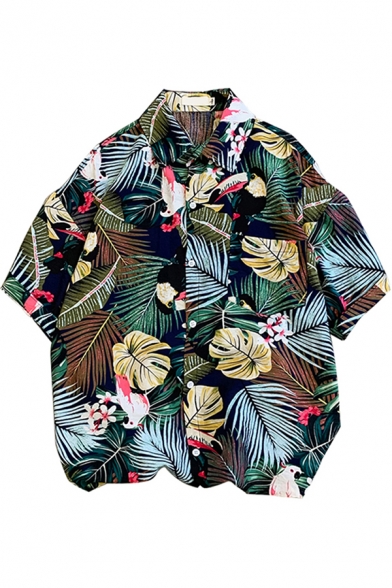 Leisure Shirt Tropical Plant Leaf Printed Button Detailed Turn-down Collar Short Sleeves Oversize Shirt for Men