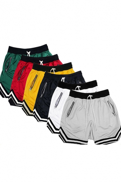 Men Athletic Shorts Stripe Pattern Zipped Pockets Mid Rise over The Knee Loose Shorts