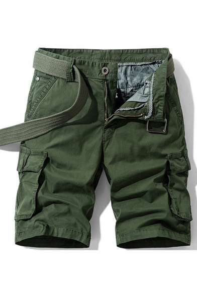 Men Casual Cargo Shorts Pure Color Zip Closure Flap Pockets Mid Rise Knee Length Fitted Shorts