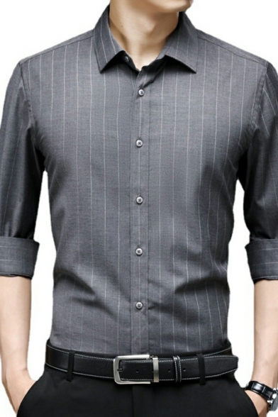 Men Dress Shirts Striped Print Turn-down Collar Button Closure Long Sleeve Slim Shirt